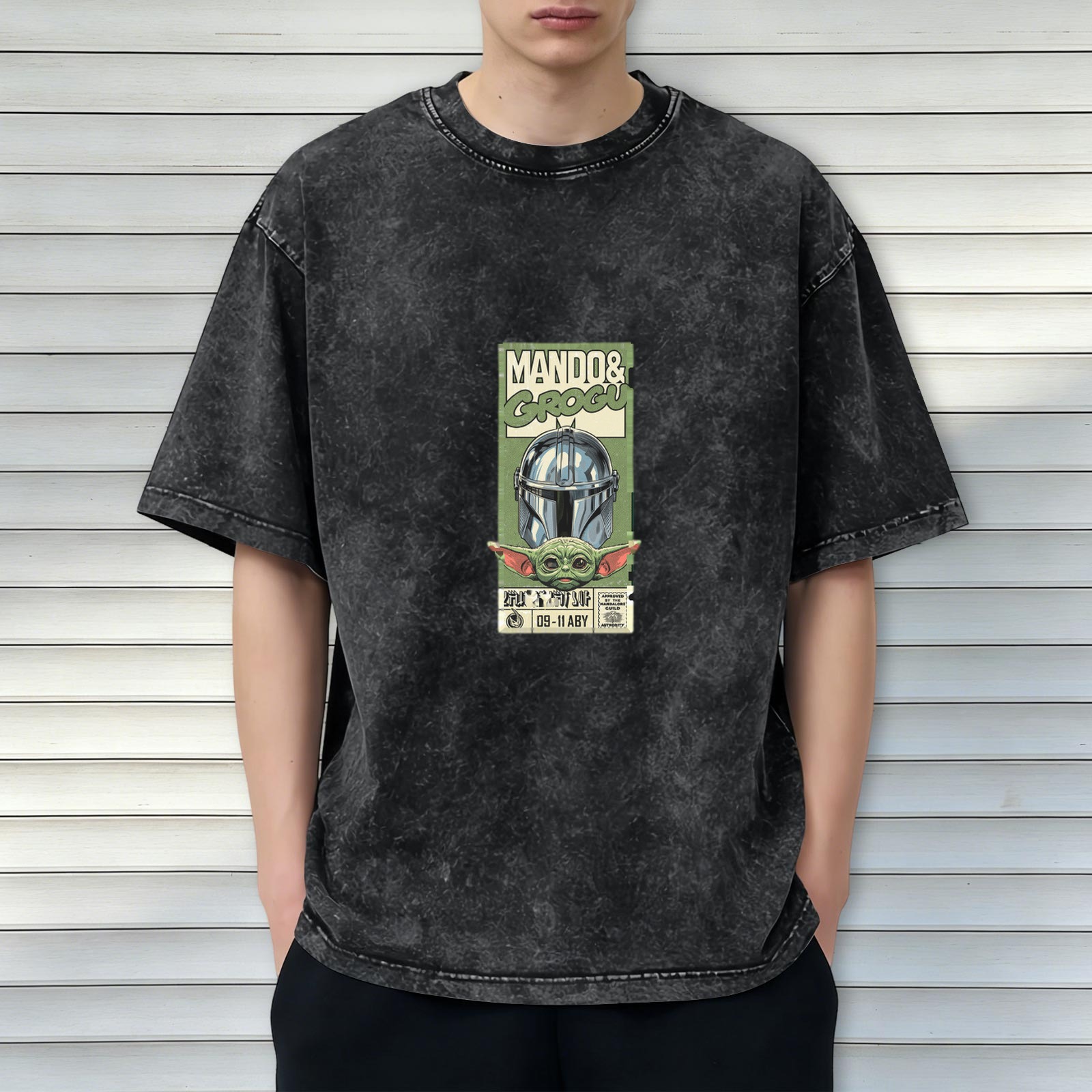 Mandalorian and Grogu Graphic Black Acid Wash T-Shirt
