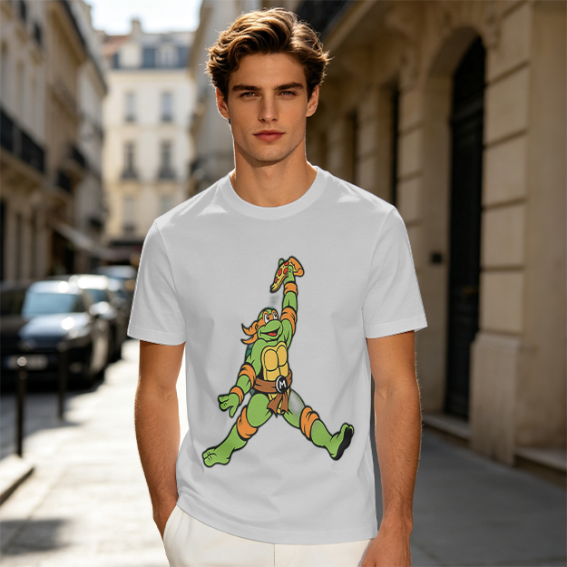 Olive T-Shirt with Michelangelo Ninja Turtle Holding Pizza Print
