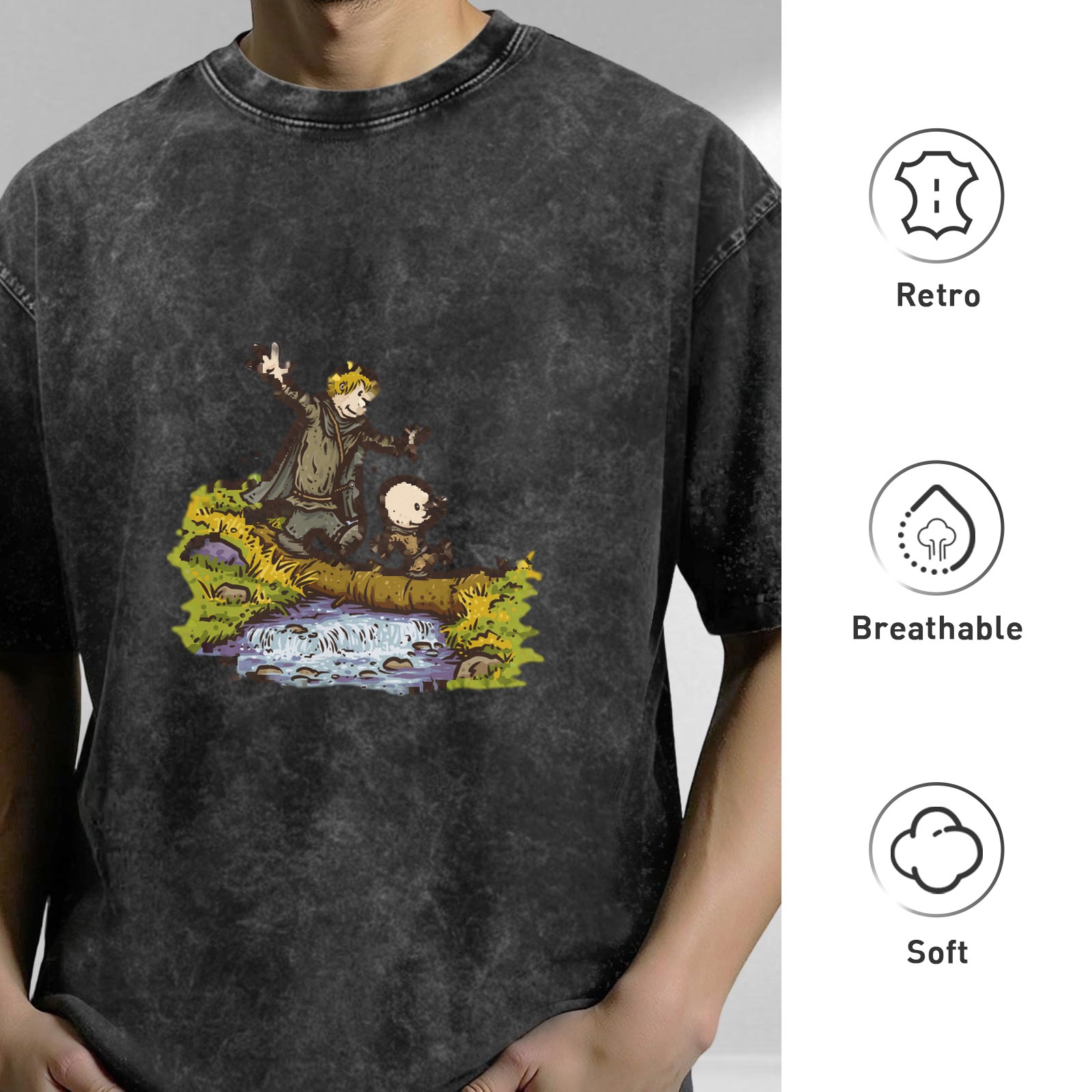 Vintage Washed T-Shirt With Fantasy Cartoon Characters Crossing Stream