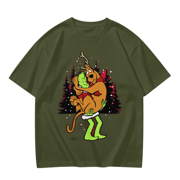 Olive Christmas T-Shirt Featuring Scooby-Doo Hugging The Grinch