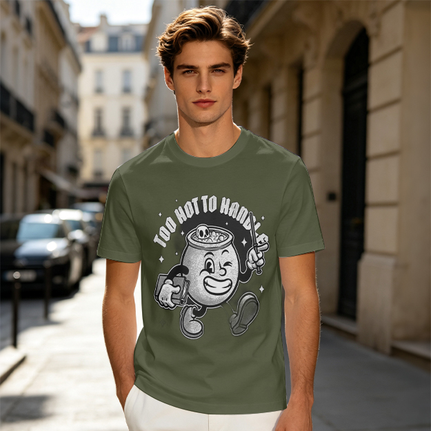Olive t-shirt with vintage cauldron cartoon and 'Too Hot To Handle' print