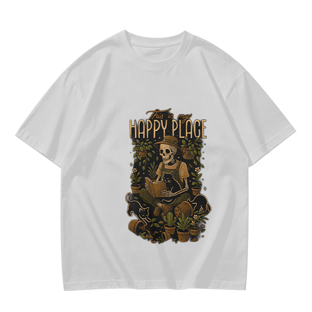Happy Place Skeleton Gardener Cat Plant Lover T-Shirt