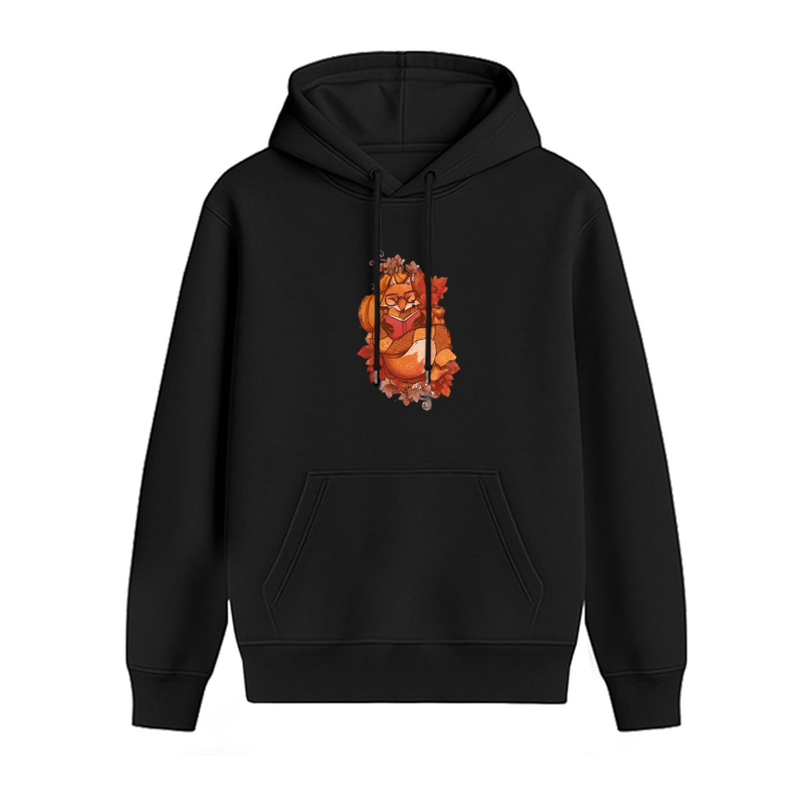 Black hoodie with autumn fox reading book graphic