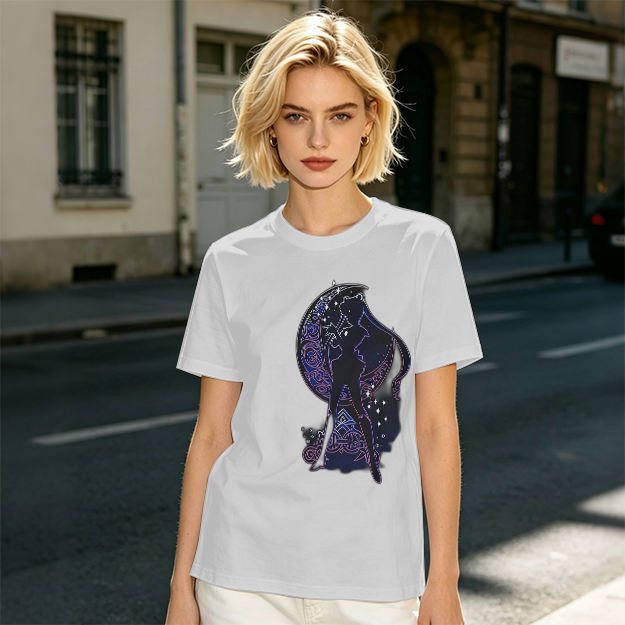 Olive T-Shirt With Celestial Moon Girl Silhouette Graphic