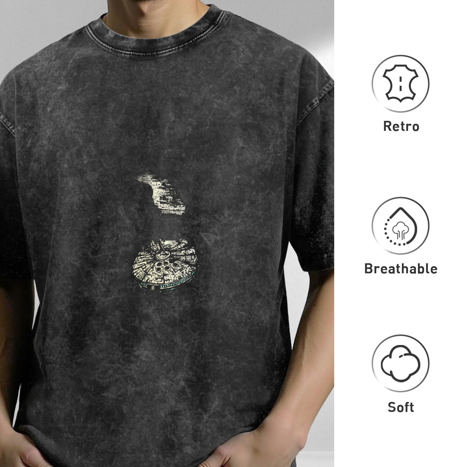 Distressed black and gray printed loose short-sleeved T-shirt