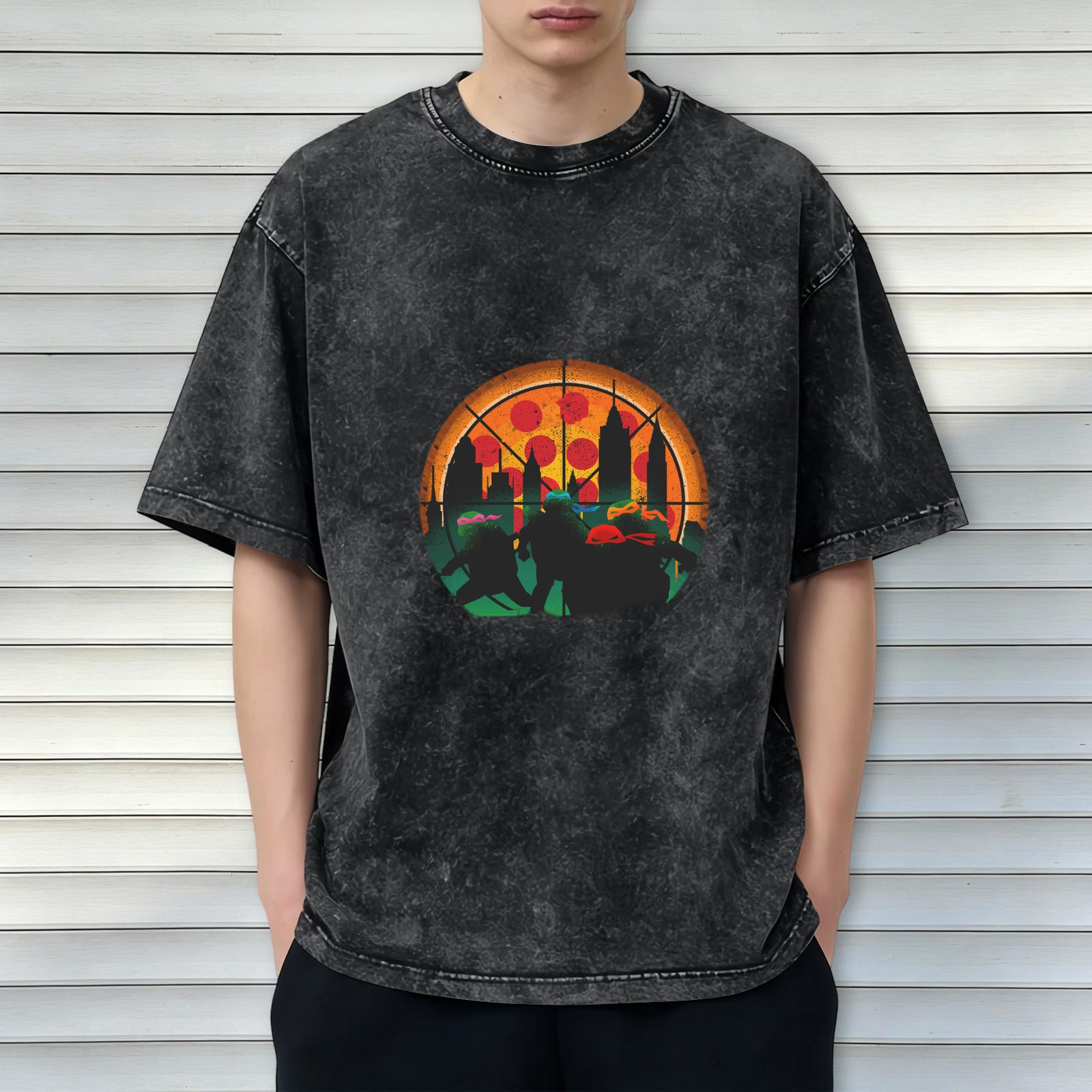 Teenage Mutant Ninja Turtles Pizza City Silhouette Acid Wash T-Shirt