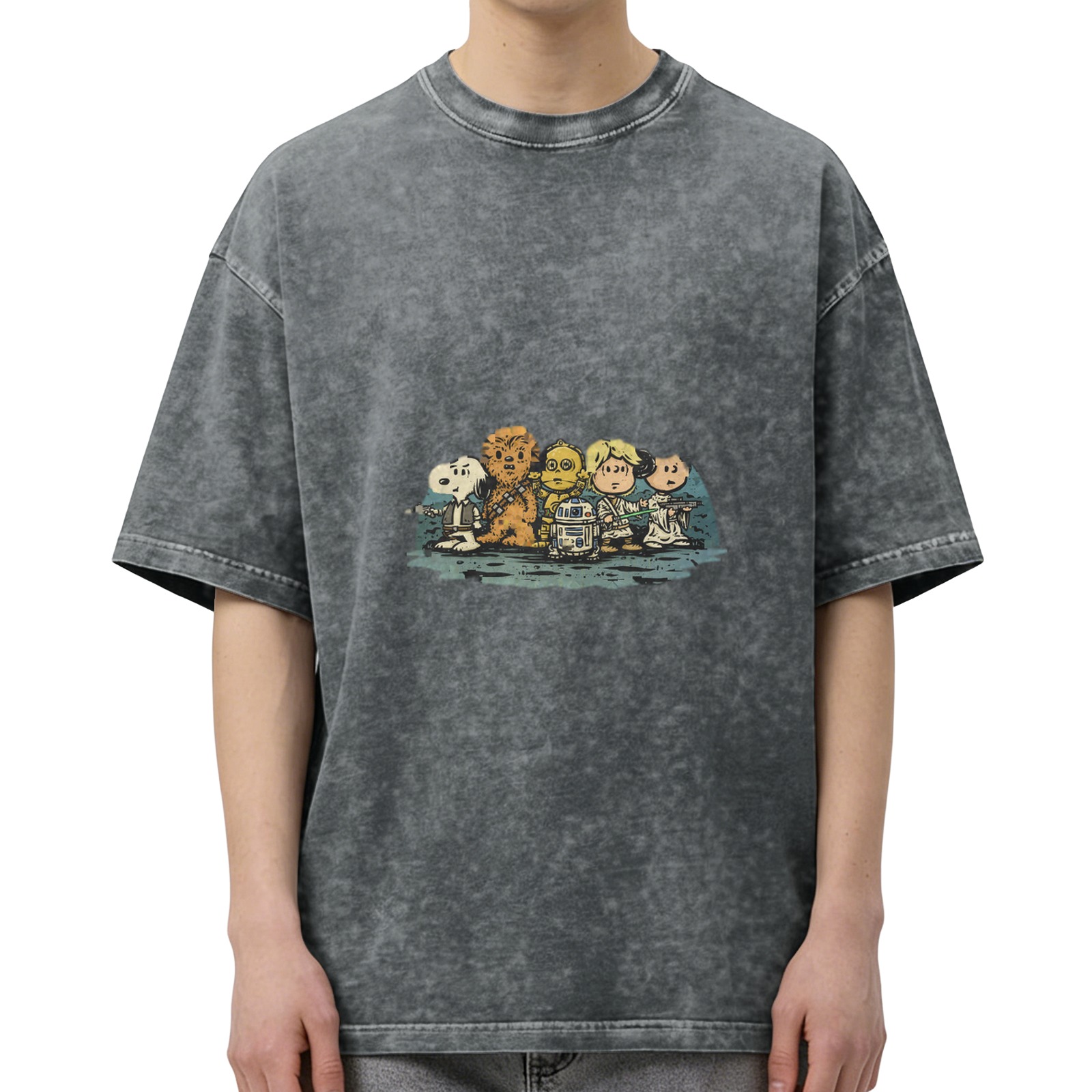 Distressed washed black loose short-sleeved T-shirt Peanuts co-branded Star Wars character printed top