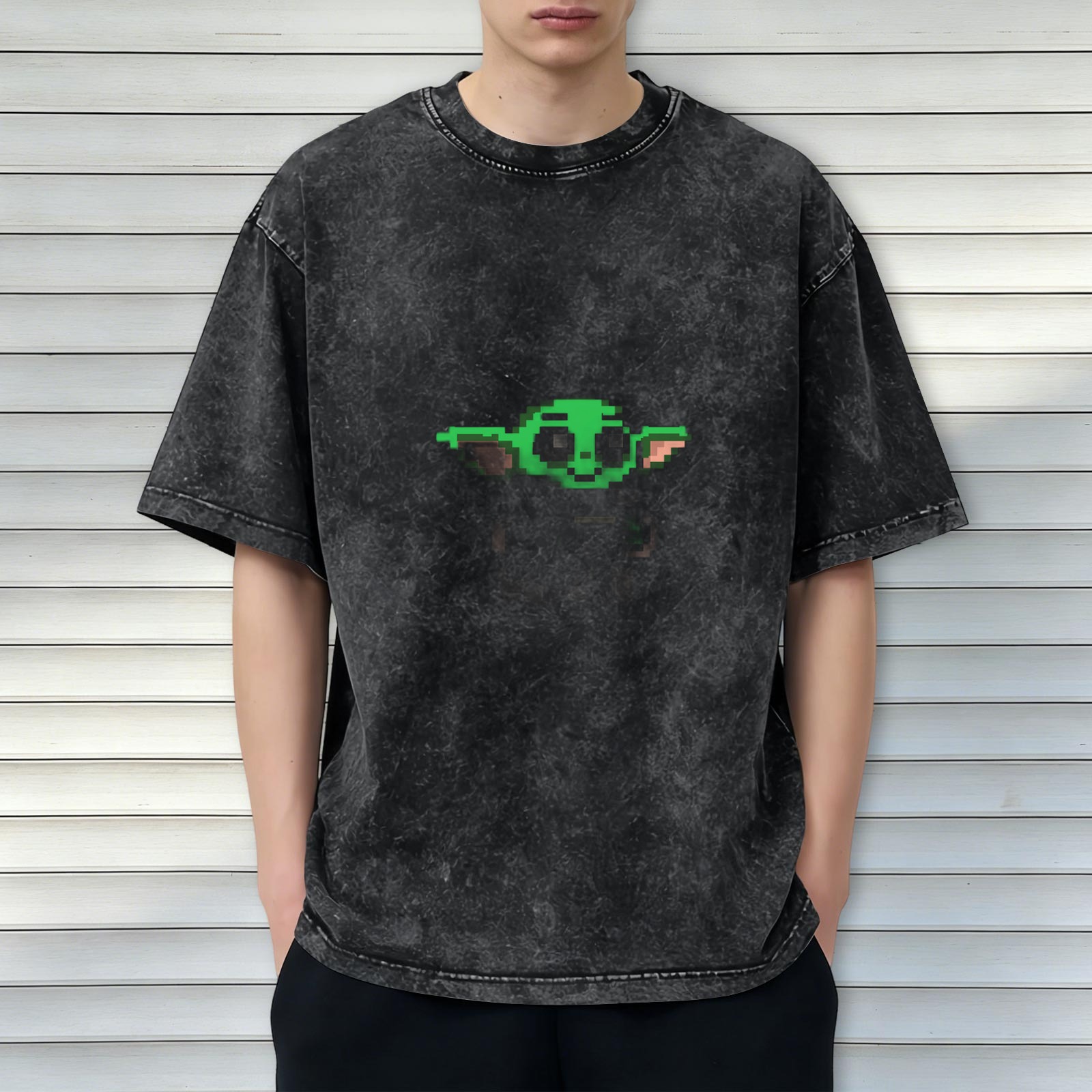 Washed Black Oversized T-Shirt with Pixel Baby Alien Graphic