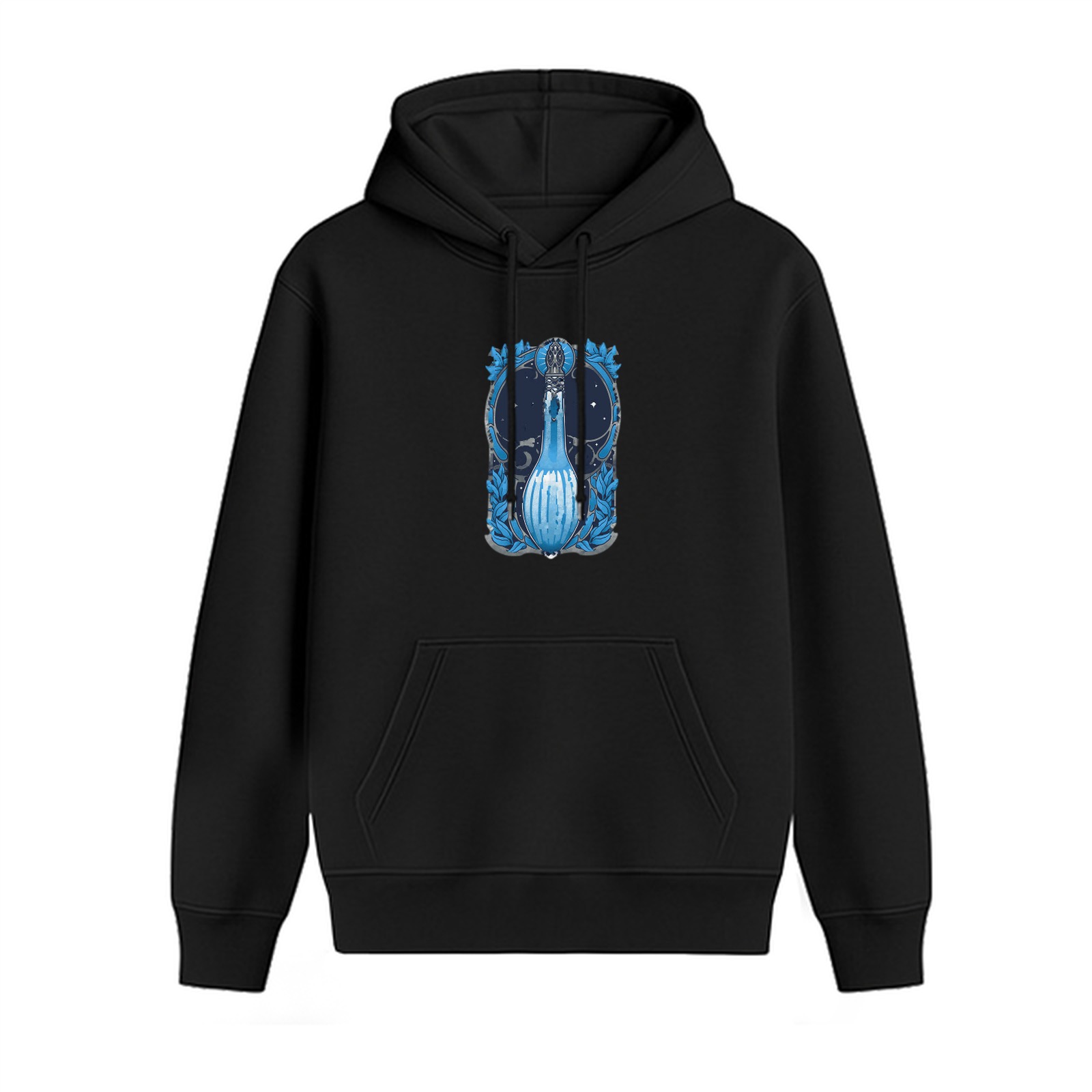 Black hoodie with blue magical potion bottle graphic