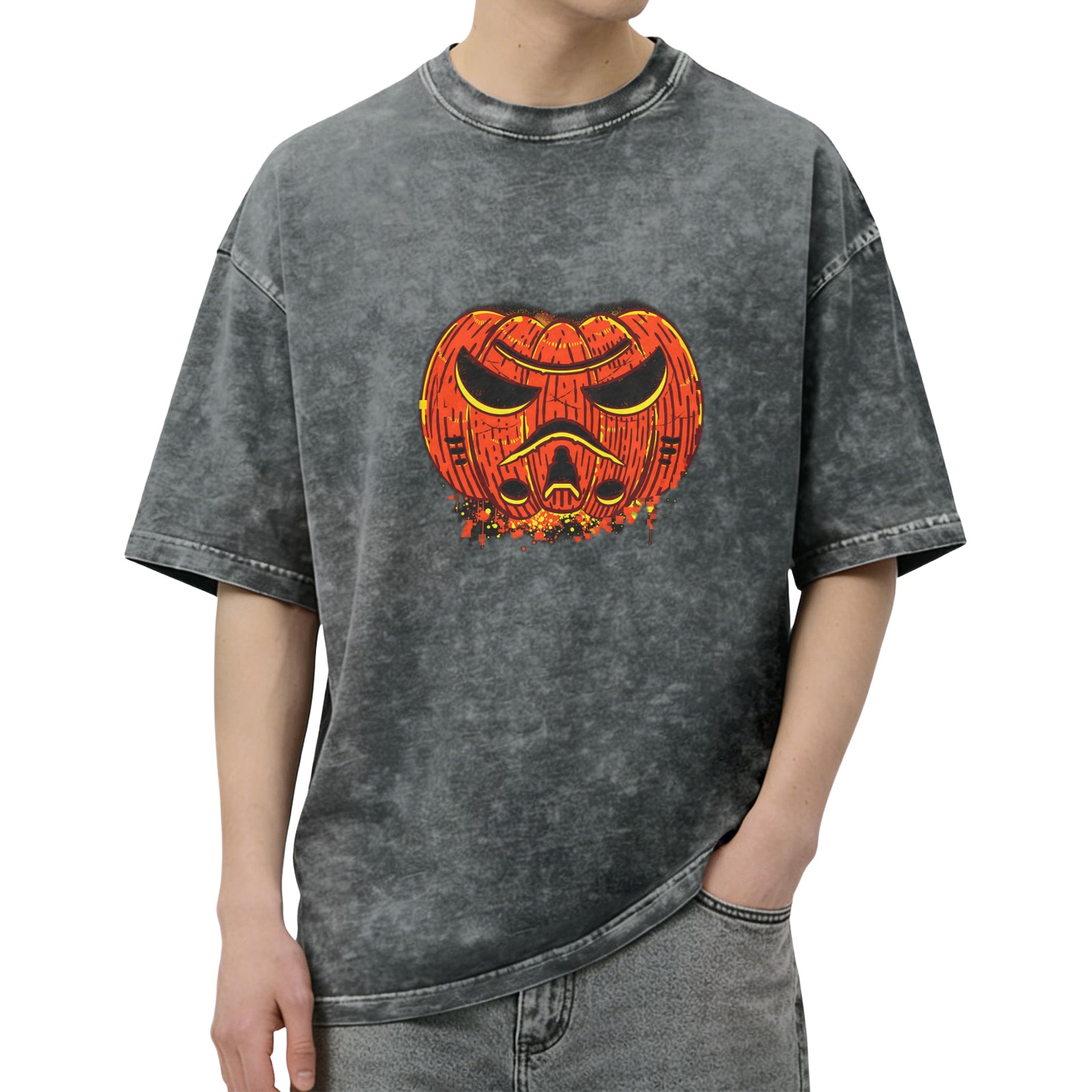 Oversized Dark Wash T-Shirt With Angry Pumpkin Jack-O'-Lantern Print