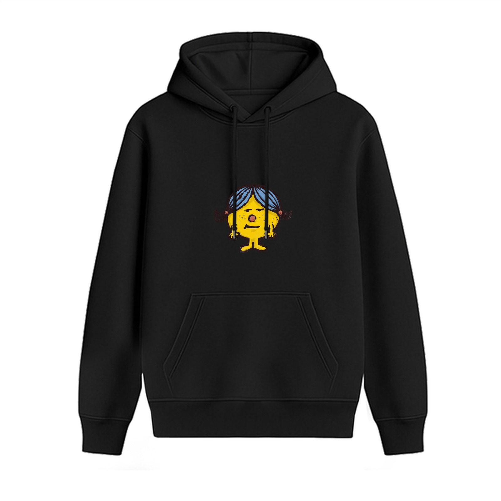 Black hoodie with yellow cartoon character graphic