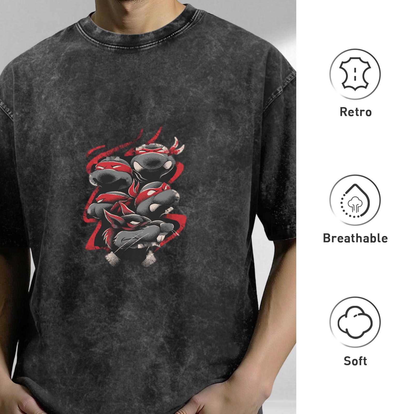 Washed Black T-Shirt With Ninja Turtle Graphic Print