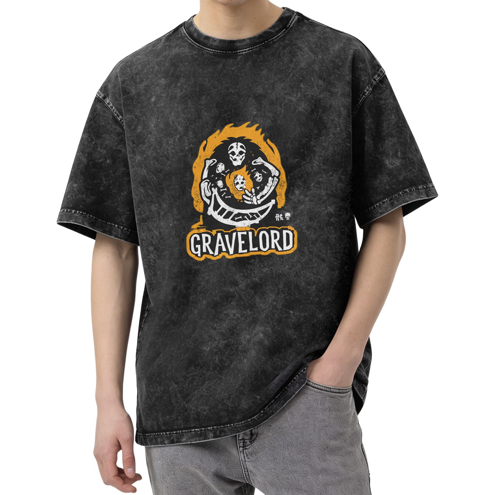 Washed Black Oversized T-Shirt With Gravelord Skeleton Graphic
