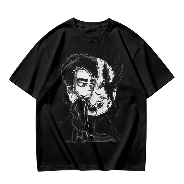 Olive T-Shirt with Chibi Dark Character and Crow Print