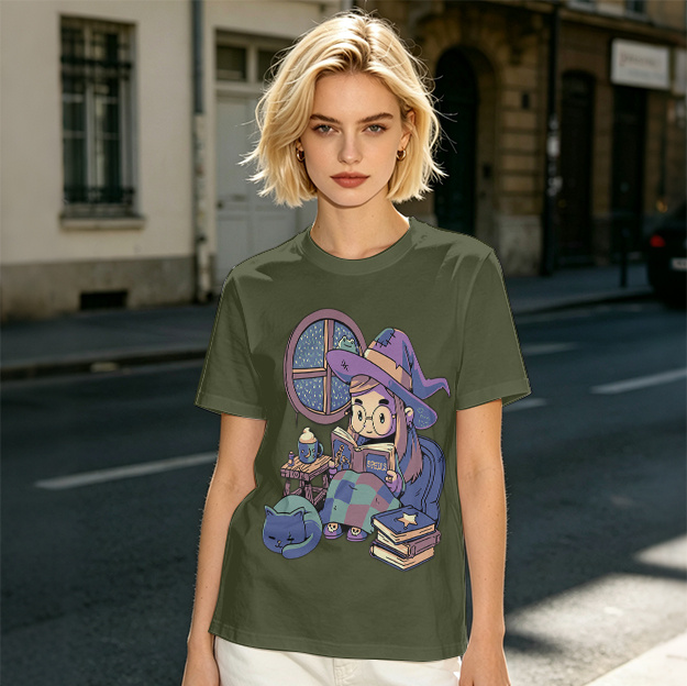 Olive t-shirt with cozy reading witch and cat graphic