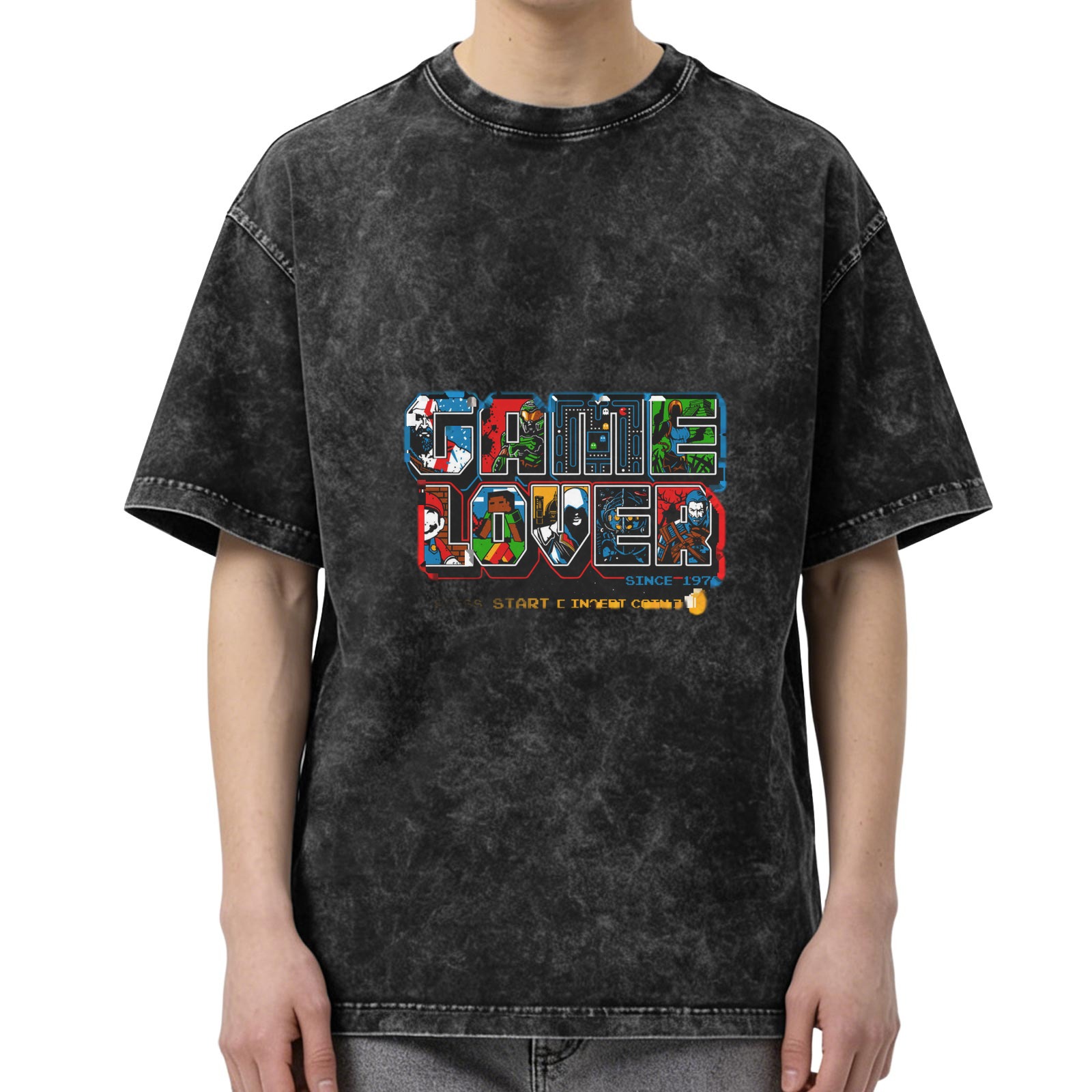 Game Lover retro washed distressed short-sleeved T-shirt game-themed printed casual top