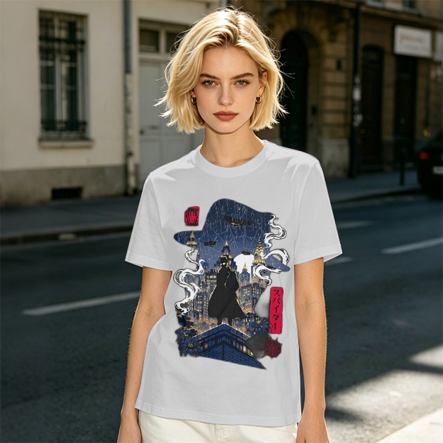 Olive T-Shirt with Night City Rooftop Spy Silhouette Art