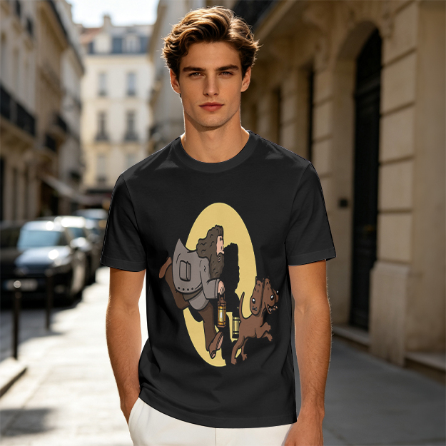 Olive T-Shirt With Cartoon Man And Dog Running Graphic