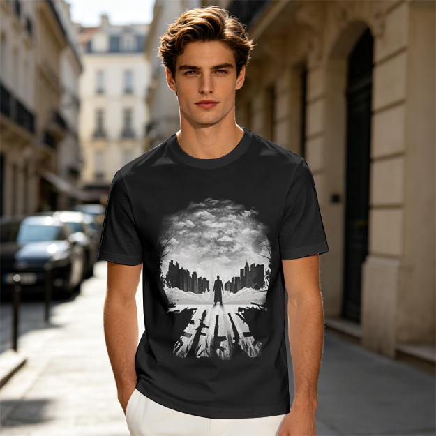 Olive Green T-Shirt With Skull Silhouette Cityscape Artwork