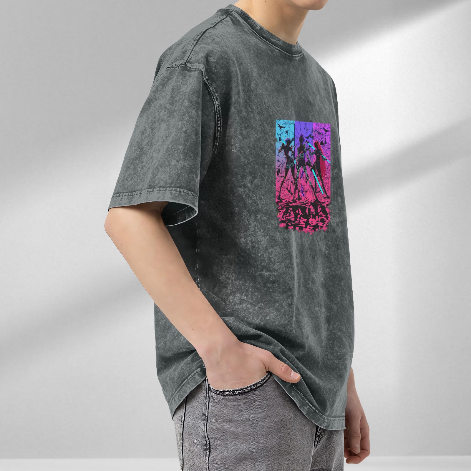 Distressed washed black cyber style anime character printed short-sleeved T-shirt