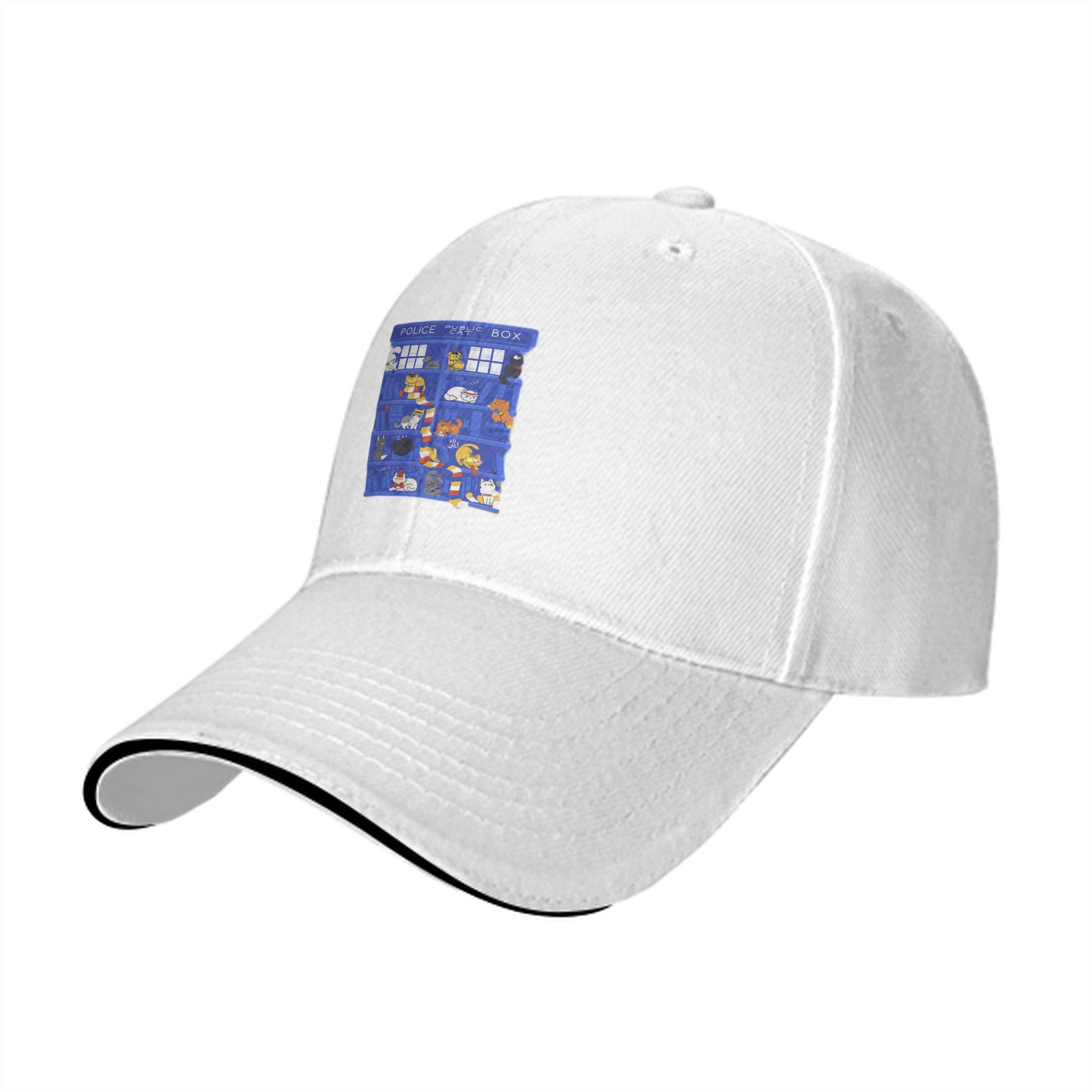Black Baseball Cap with TARDIS Police Box Cat Print