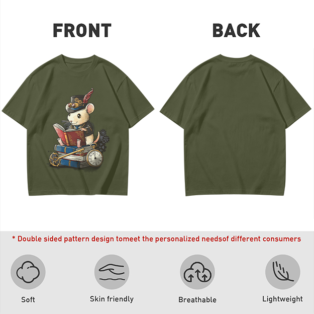 Steampunk mouse reading book graphic olive green t-shirt