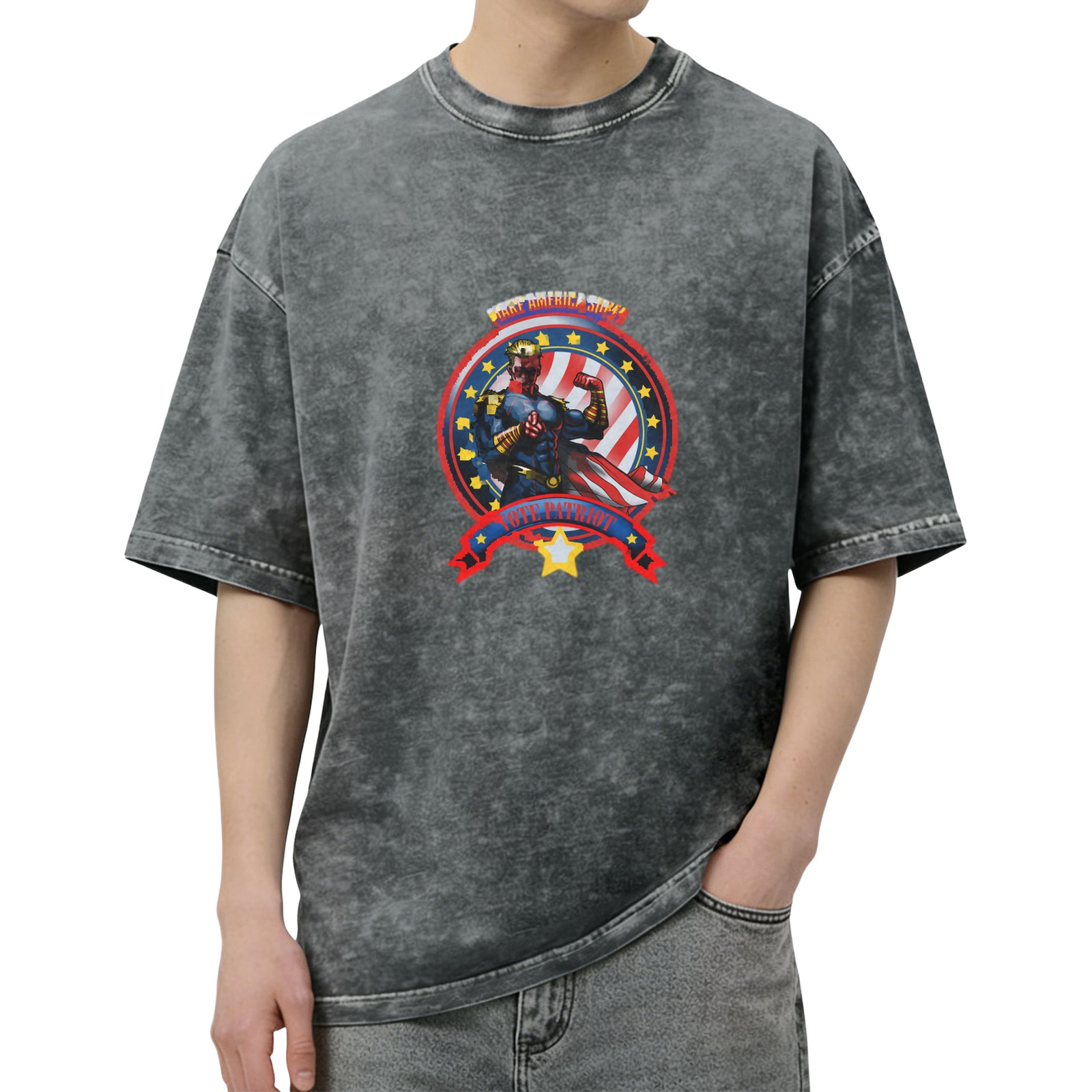 Washed Black Oversized T-Shirt With Patriotic Superhero Graphic