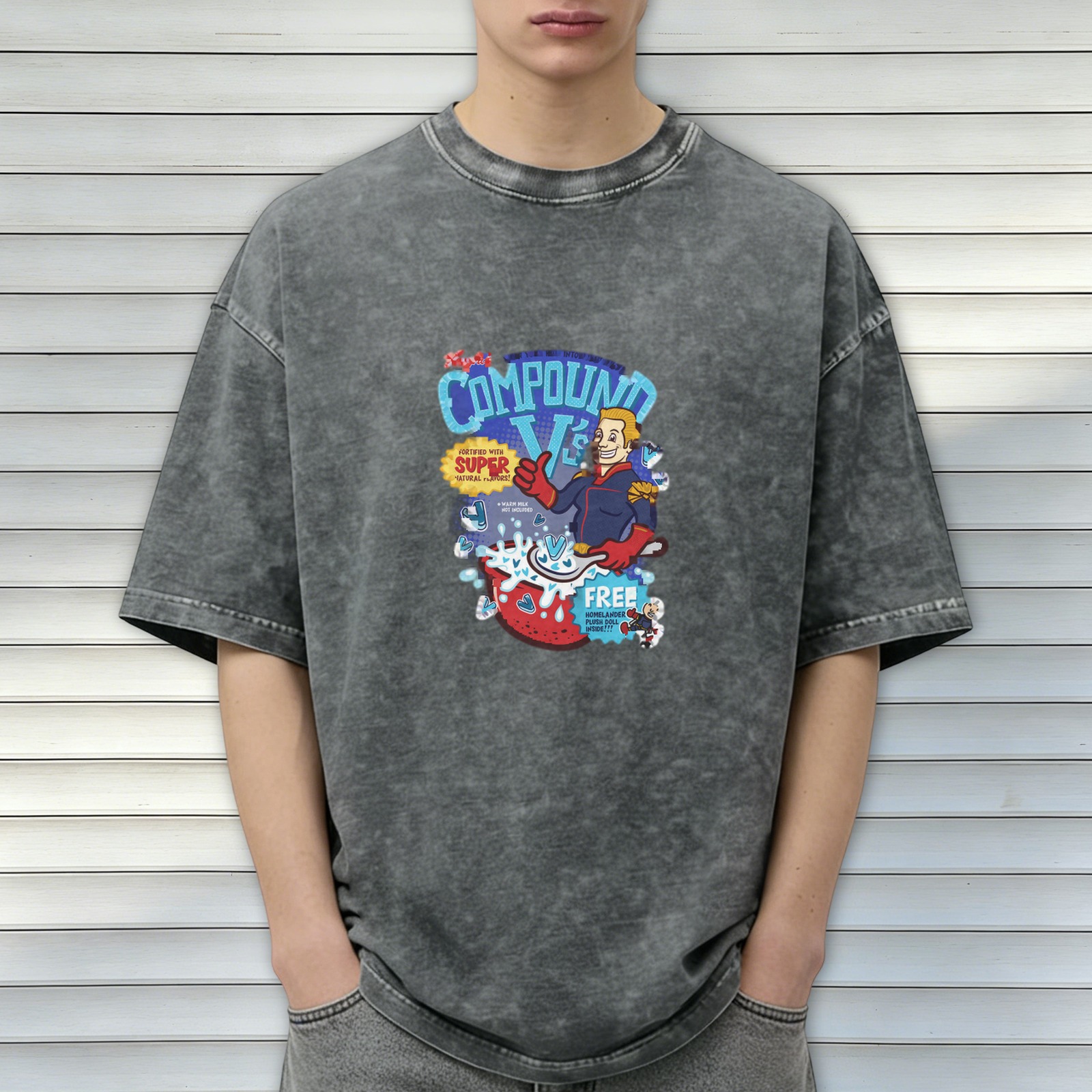 Washed black graphic t-shirt with Compound V cartoon design