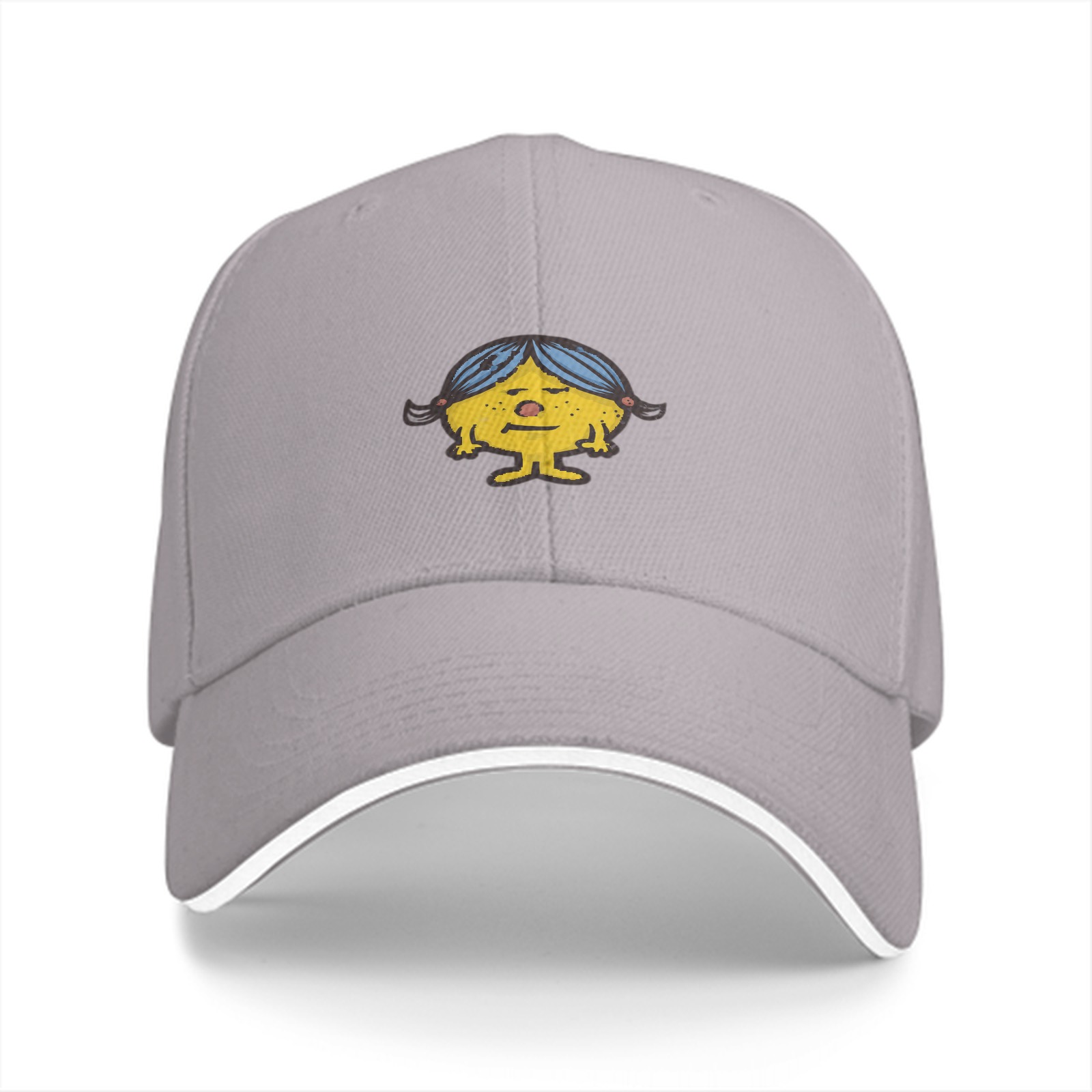 Black baseball cap with yellow cartoon girl character print