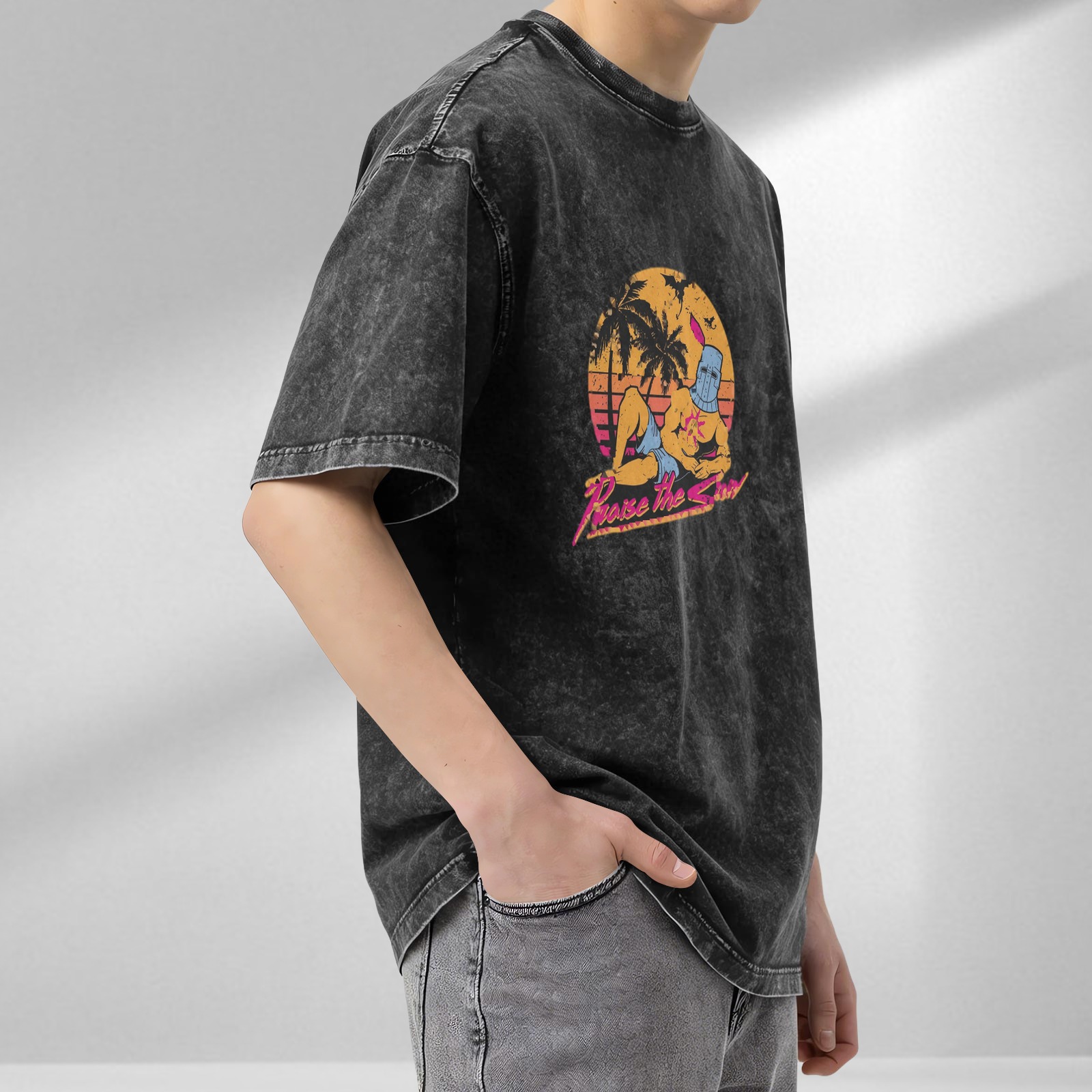 Vintage Acid Wash T-Shirt Praise The Sun Knight Sunset Graphic