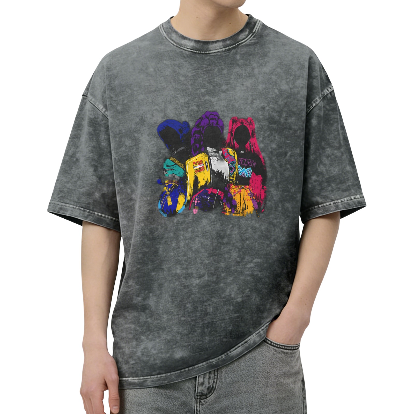 Washed Black Oversized T-Shirt with Colorful Graphic Figures