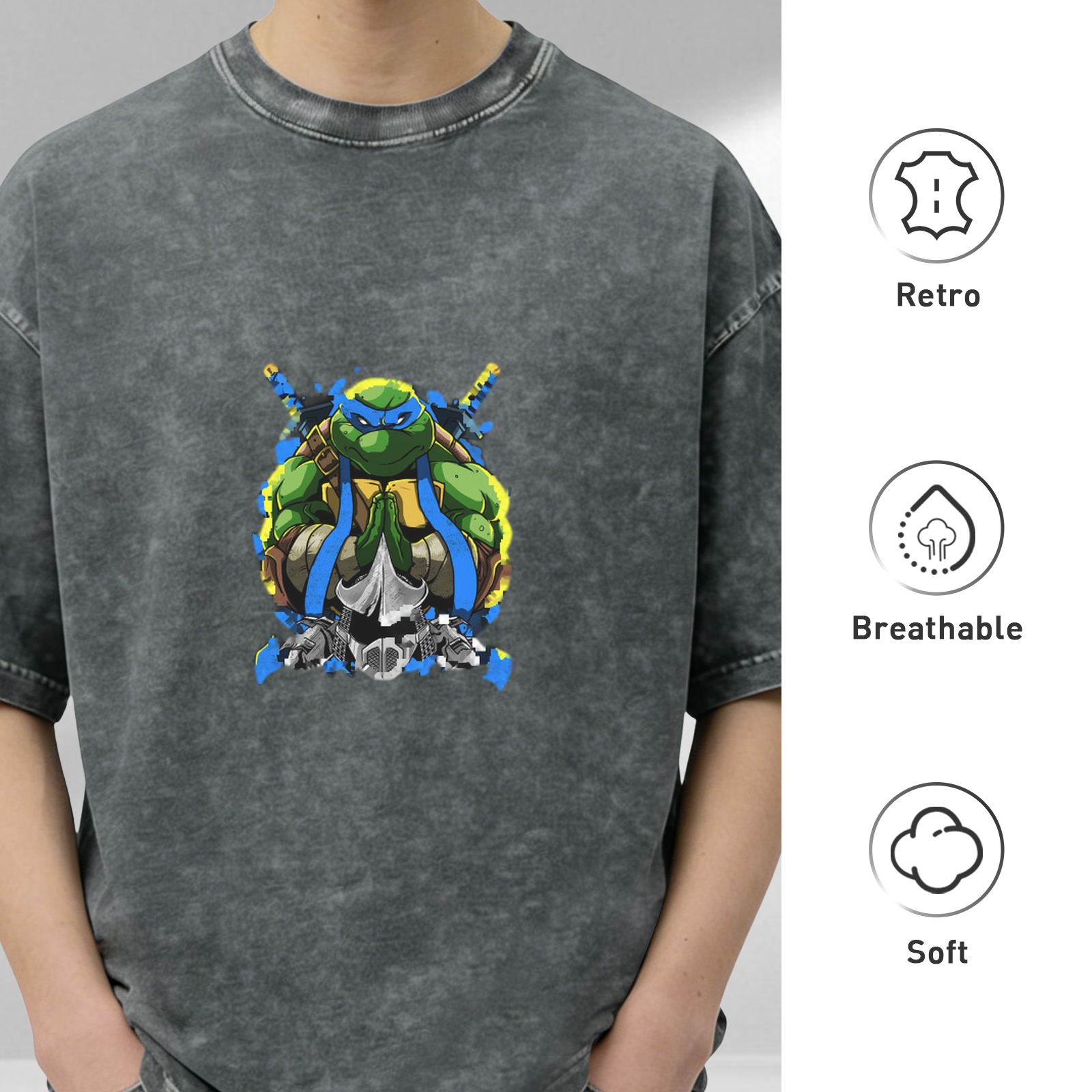 Washed Black T-Shirt with Blue Mask Ninja Turtle Graphic