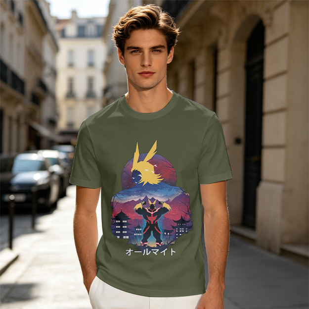 Olive t-shirt with All Might anime character graphic print