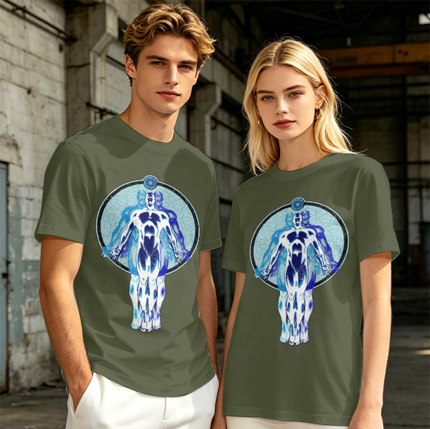 Olive T-Shirt with Glowing Blue Superhero Figure Graphic