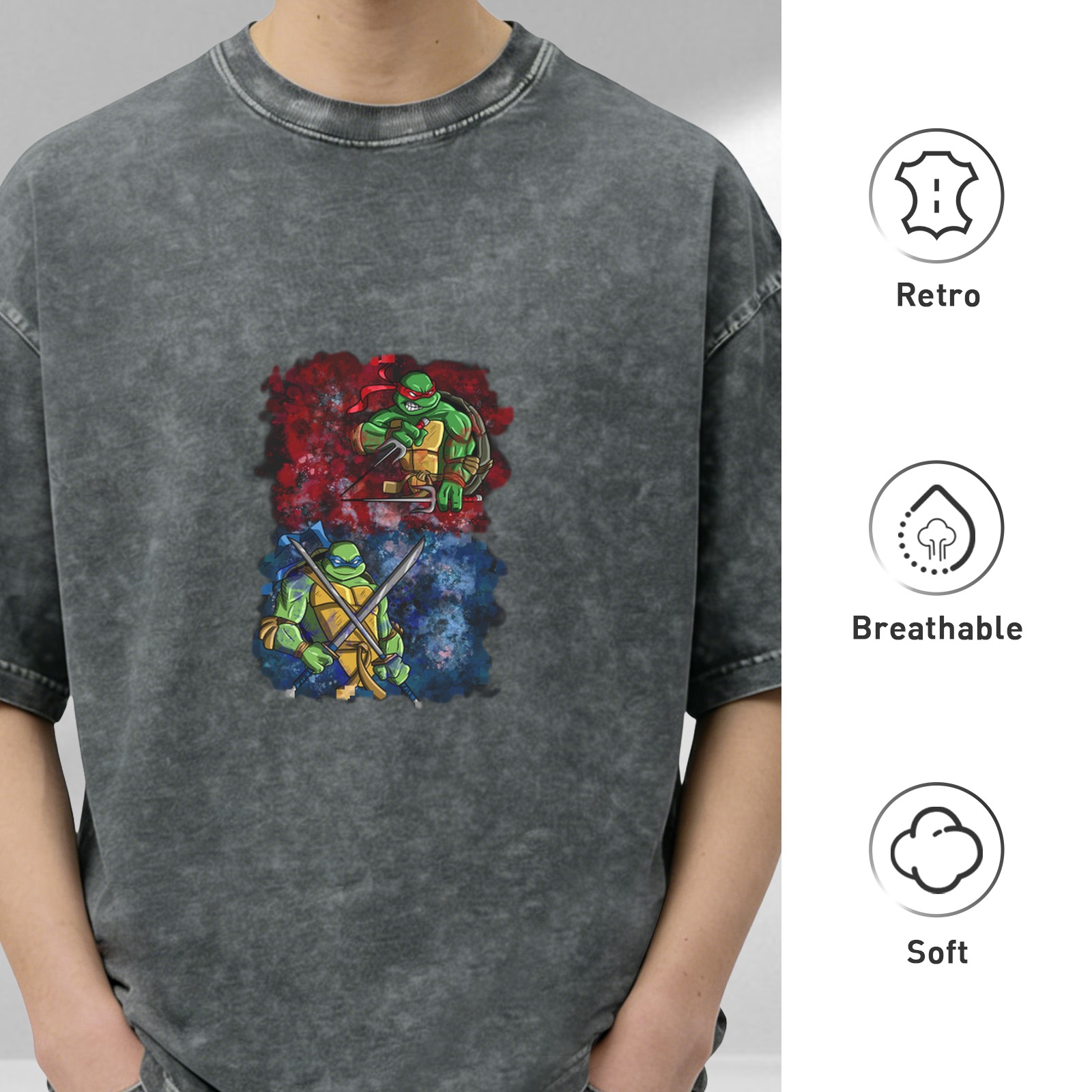 Washed Black Oversized T-Shirt with Teenage Mutant Ninja Turtles Graphic