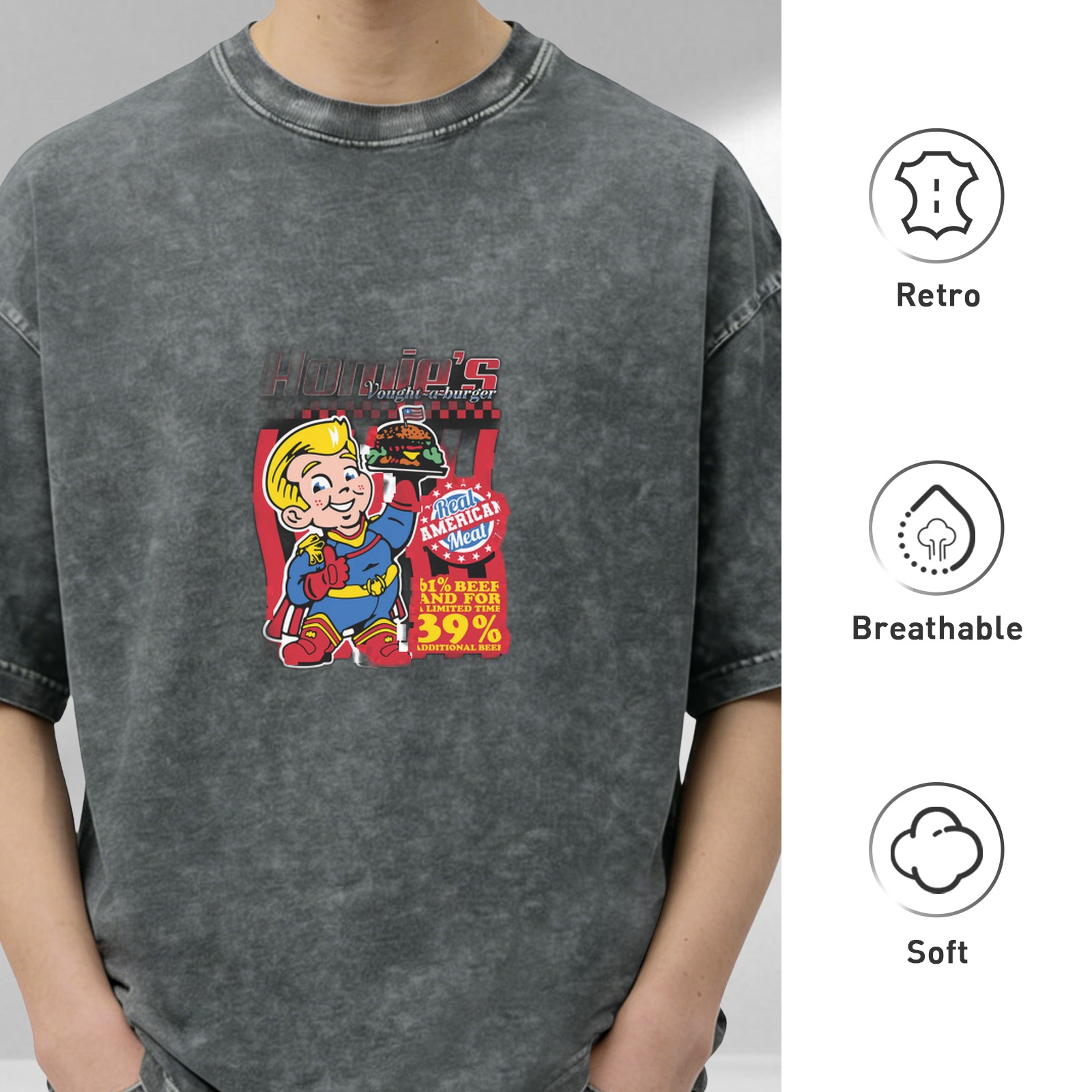 Vintage Acid Wash T-Shirt With Retro Fast Food Superhero Print