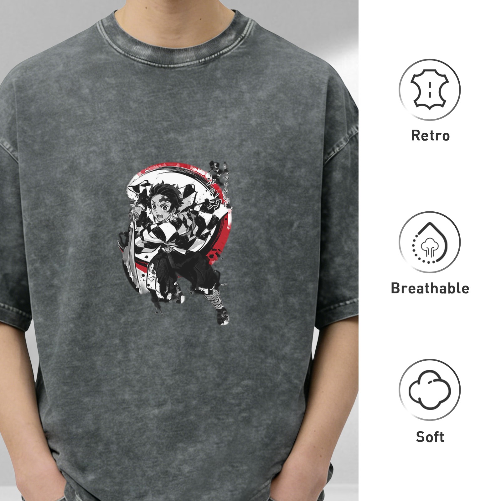 Demon Slayer: Kimetsu no Yaiba Tanjiro themed distressed washed black short-sleeved T-shirt