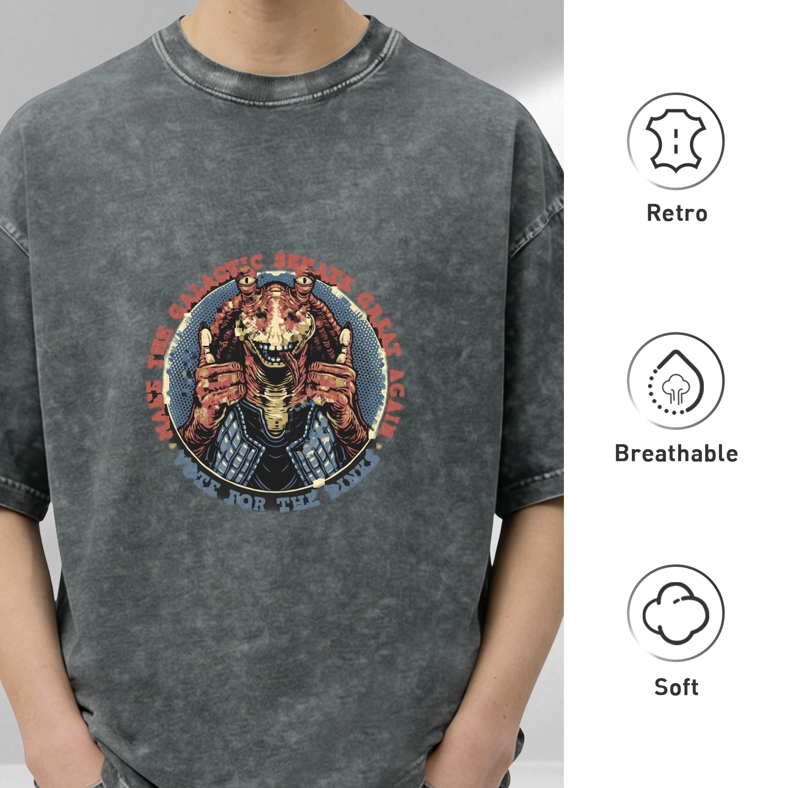 Washed Black T-Shirt With Jar Jar Binks Galactic Senate Political Print