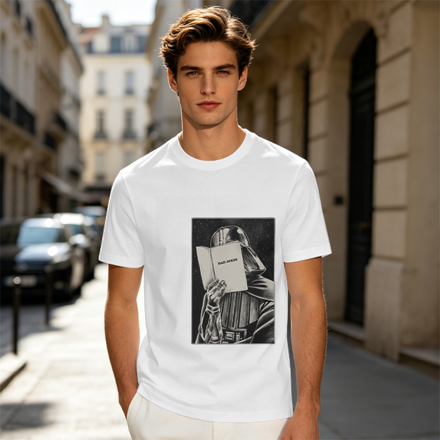Olive T-shirt with Darth Vader reading a book graphic