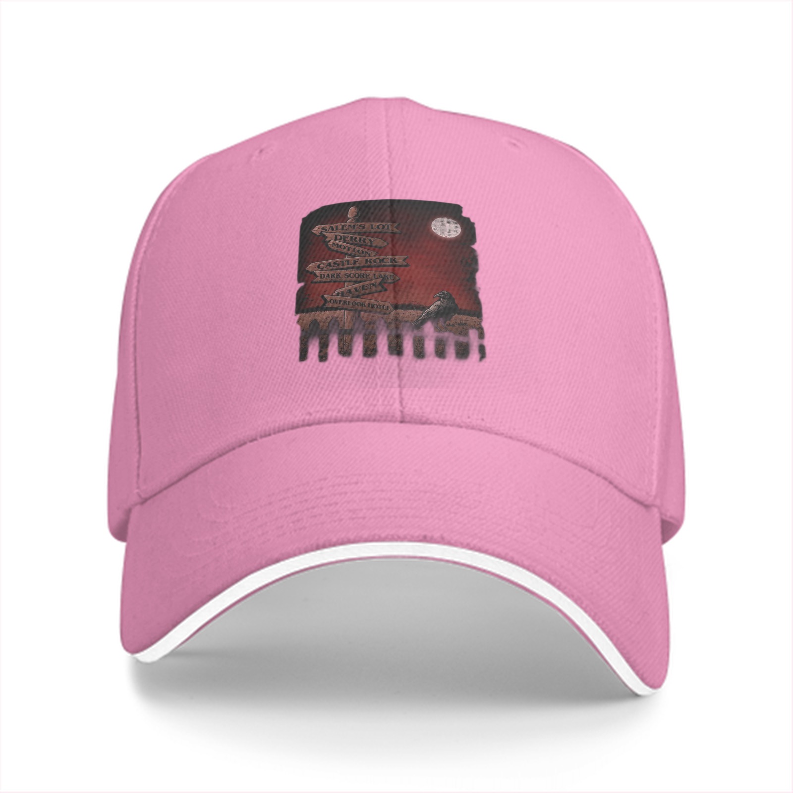 Black baseball cap with spooky graveyard signpost crow print