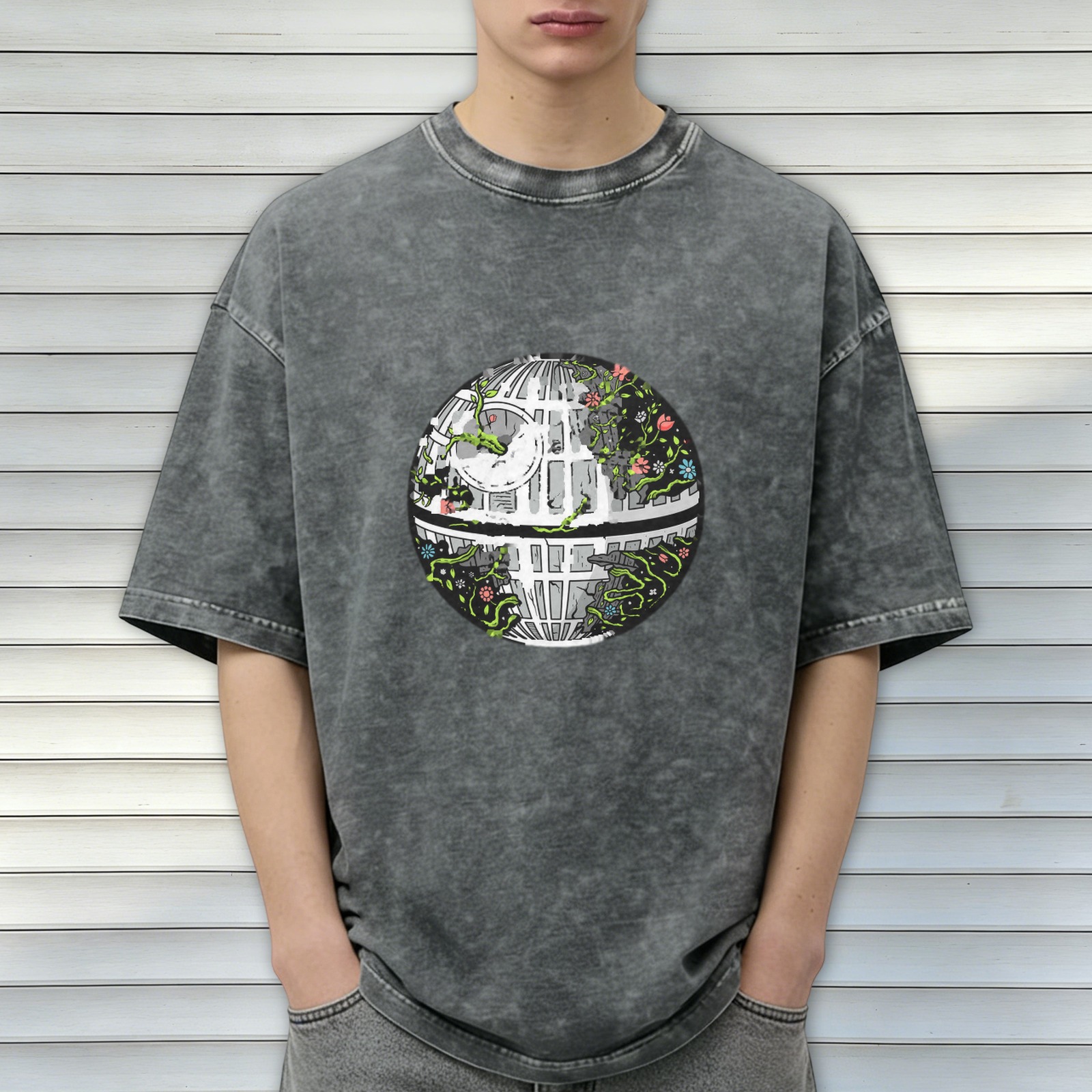 Oversized Acid Wash T-Shirt with Overgrown Death Star Graphic