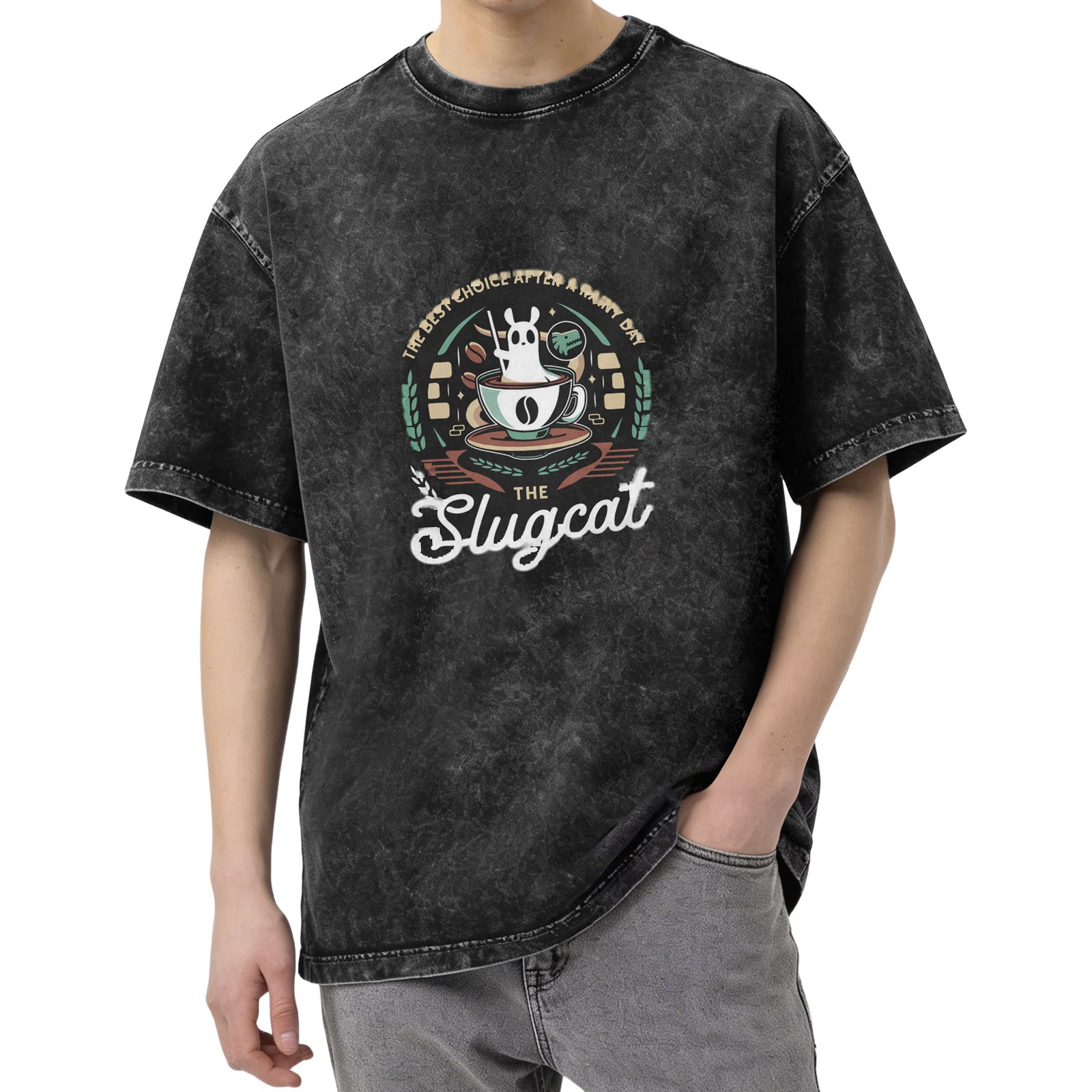 Slugcat Coffee Graphic Black Acid Wash Oversized T-Shirt