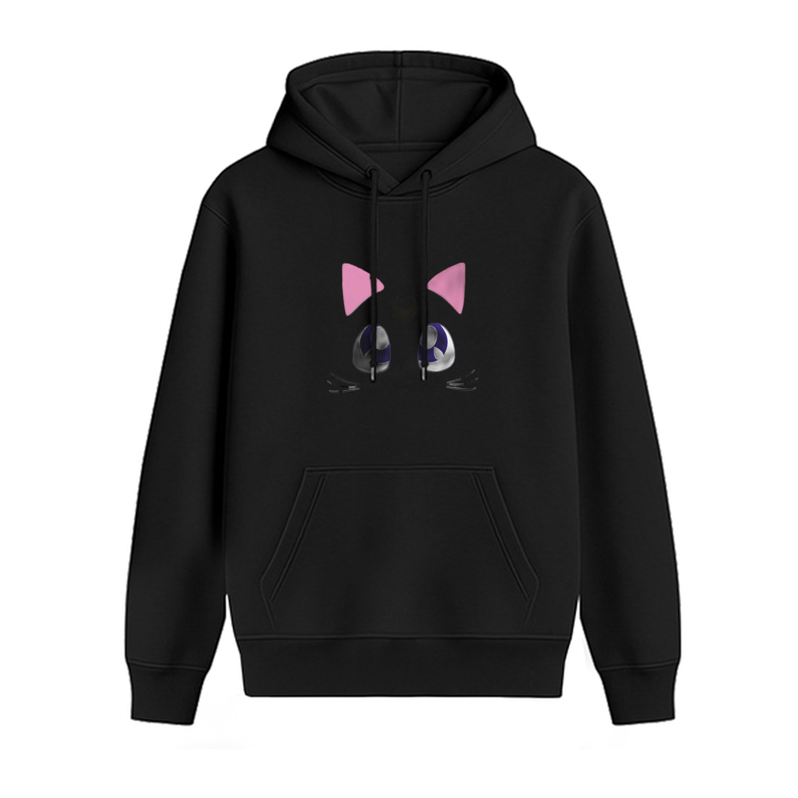 Black Hoodie With Cute Cat Face Graphic Print