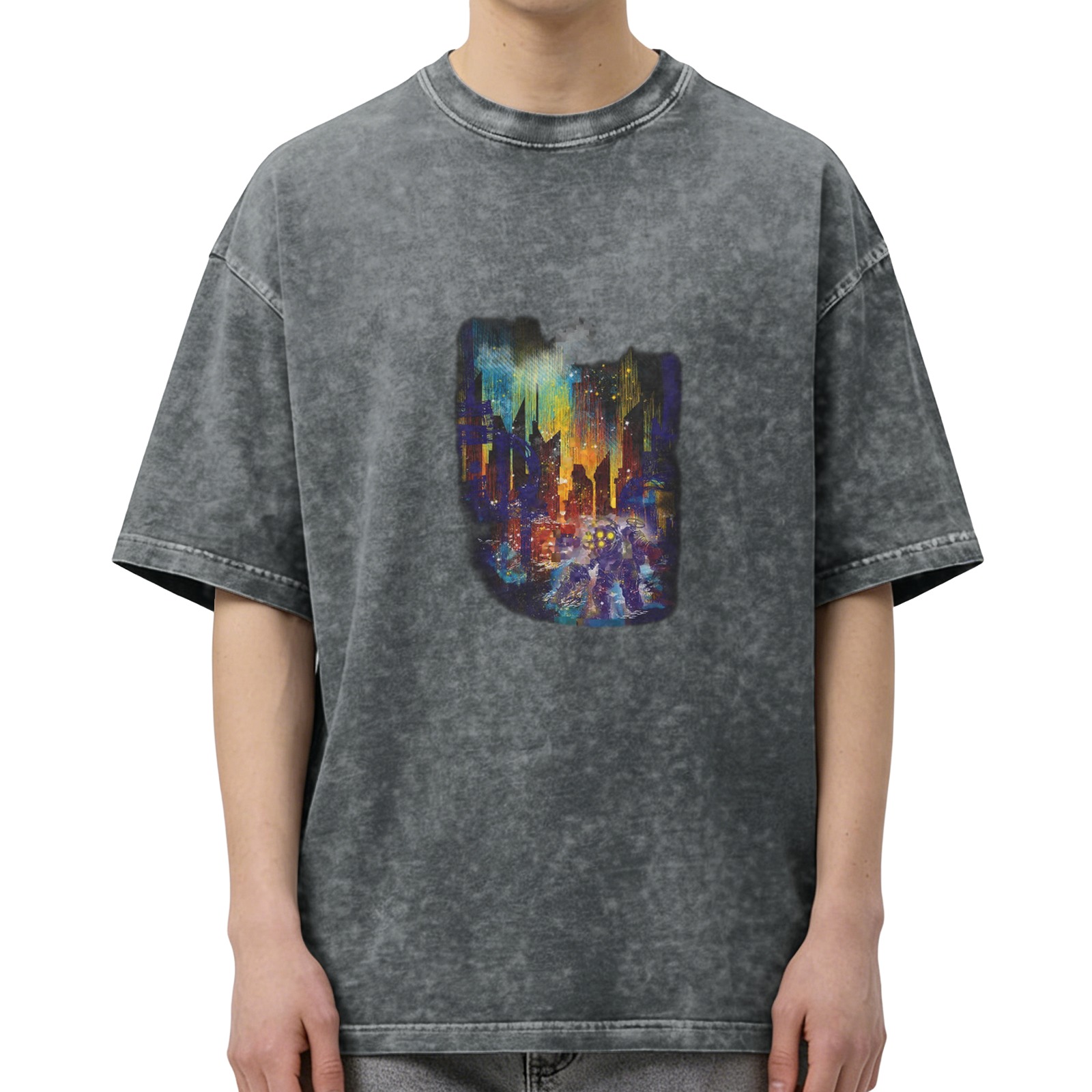 Men's distressed washed black loose short-sleeved T-shirt city night graffiti printed casual top