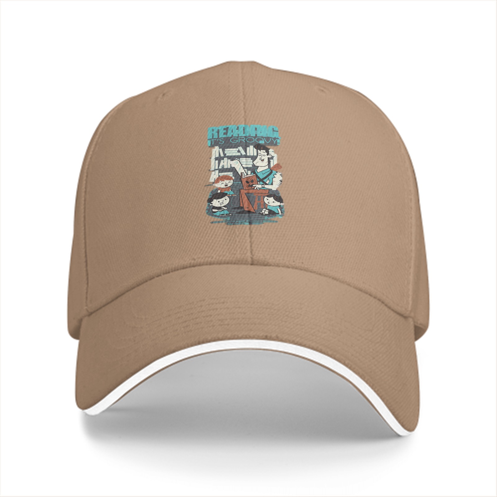 Black baseball cap with retro reading themed graphic print