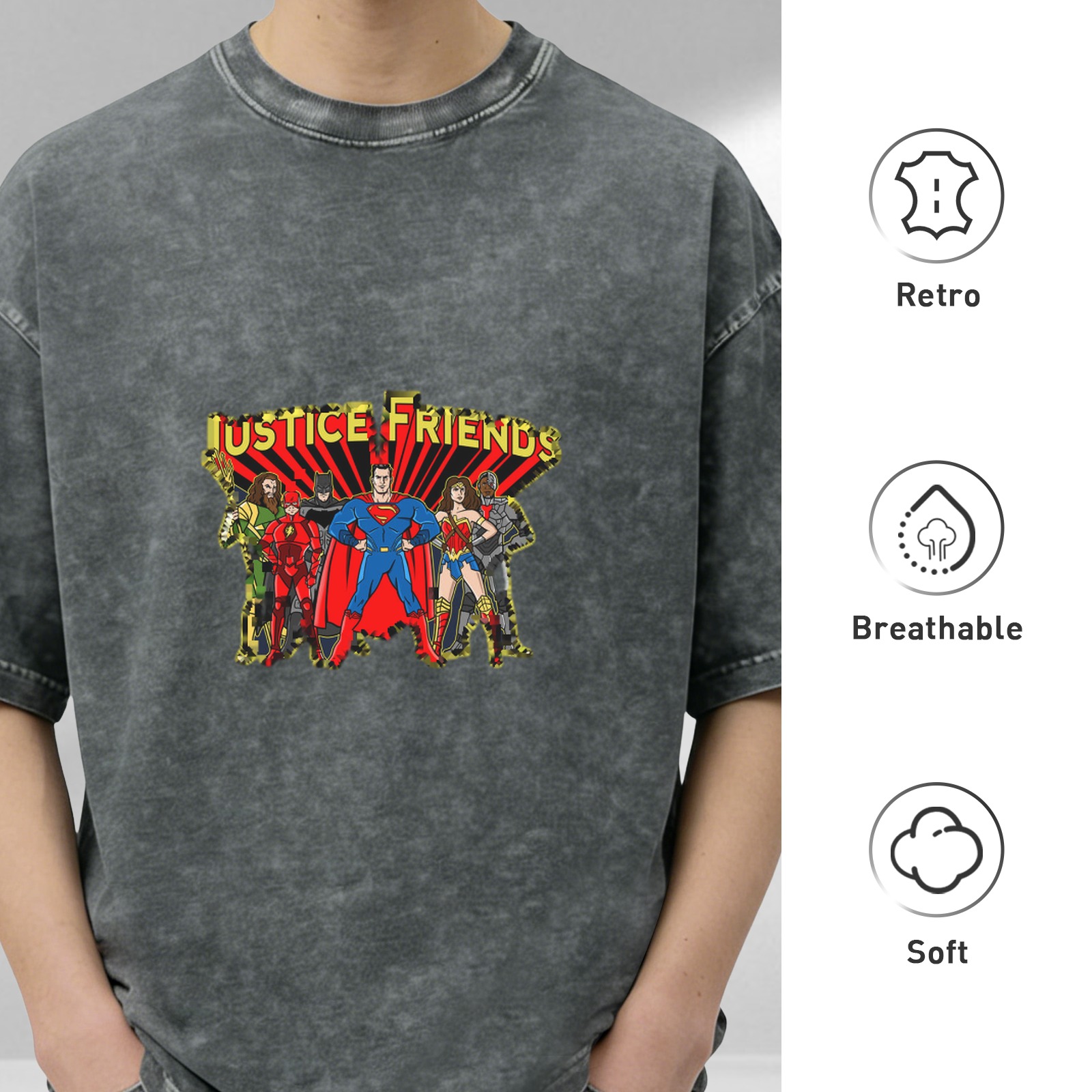 Justice Friends Superhero Graphic Vintage Wash T-Shirt
