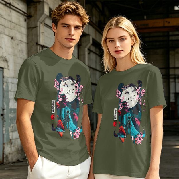 Olive T-shirt with Japanese-inspired moon and cherry blossom graphic