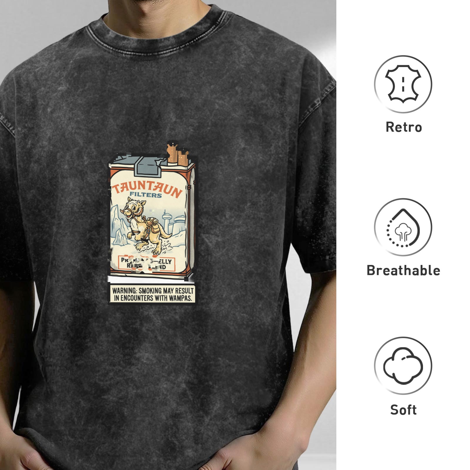 Washed Black T-Shirt With Tauntaun Cigarette Pack Graphic