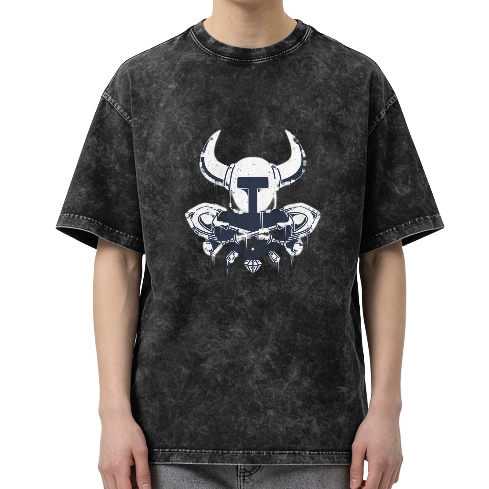 Oversized Acid Wash T-Shirt With Horned Warrior Graphic