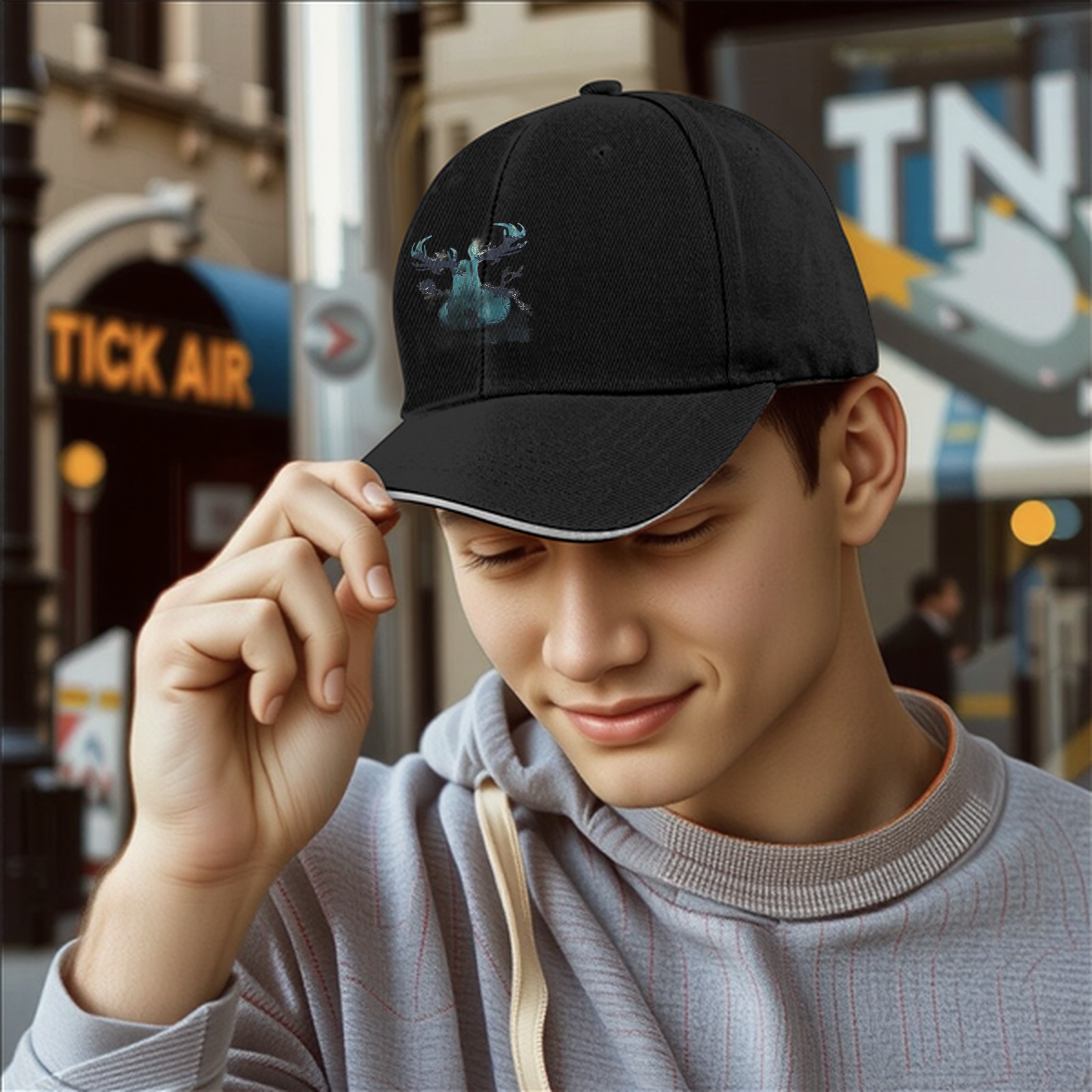 Black Baseball Cap With Glowing Moose Antler Artwork